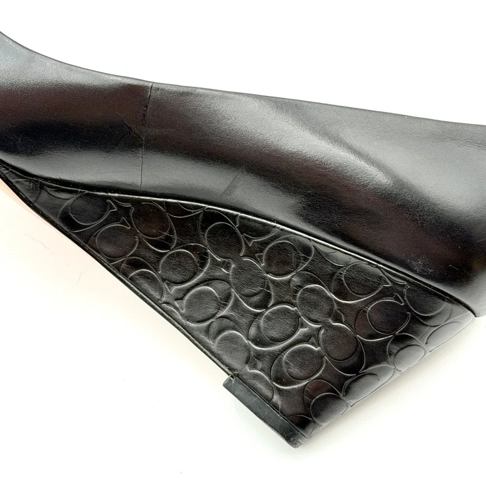 Coach Black Leather Peep Toe Wedge Pumps Embossed Logo Heel 7.5B - Picture 7 of 9